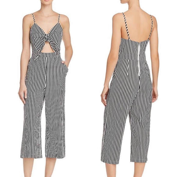 Alpha and Omega Pants - Black/White Striped Bow Cutout Cropped Jumpsuit